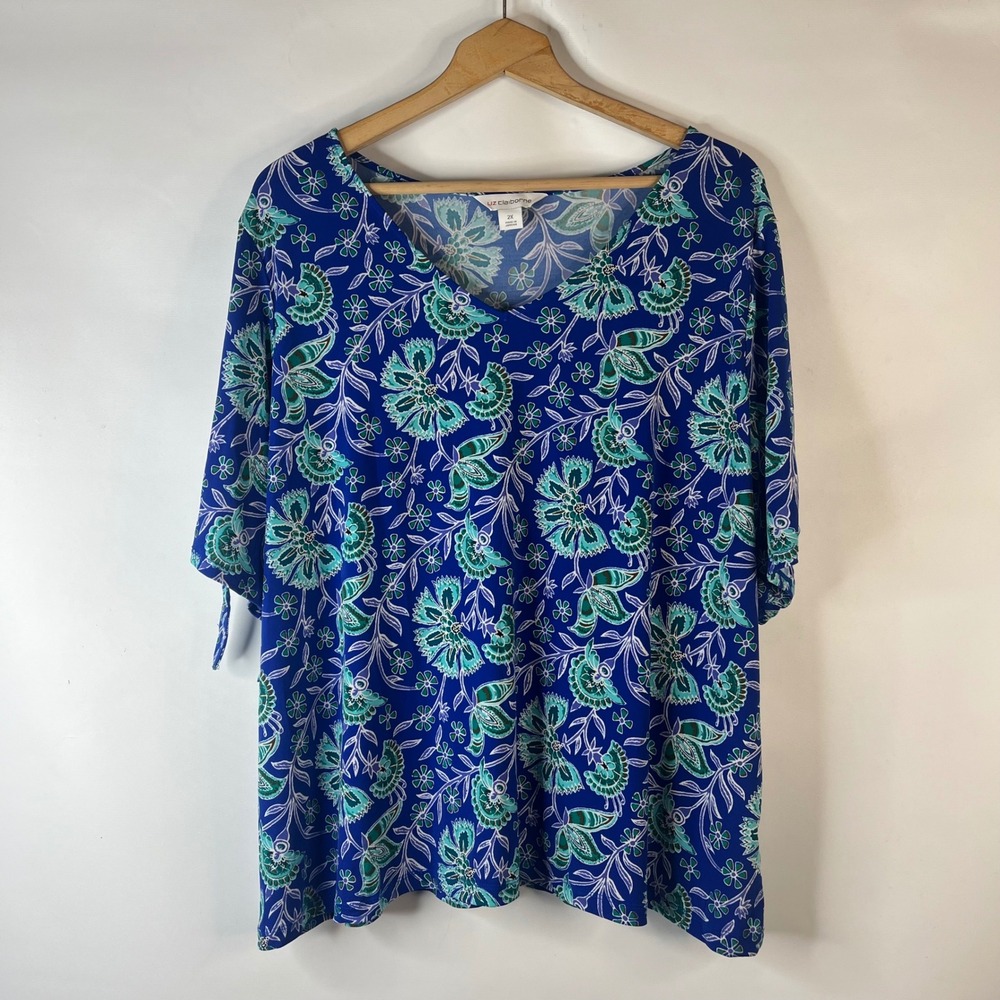 Liz Claiborne Blouse Womens 2X Blue Floral V-Neck Short Sleeve Tie Cuff Top